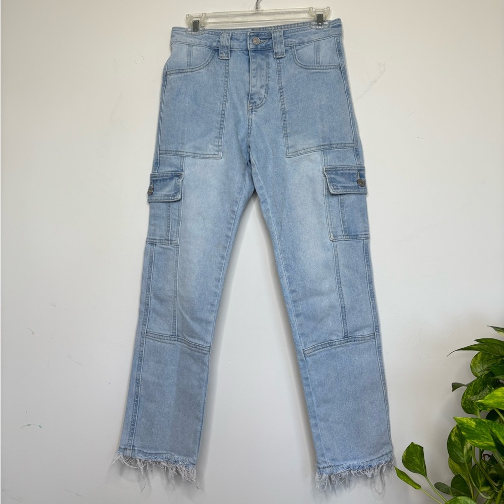 BN5 Kancan Cargo Pants Distressed Light Wash Straight Leg Utility Jeans Size 0‎